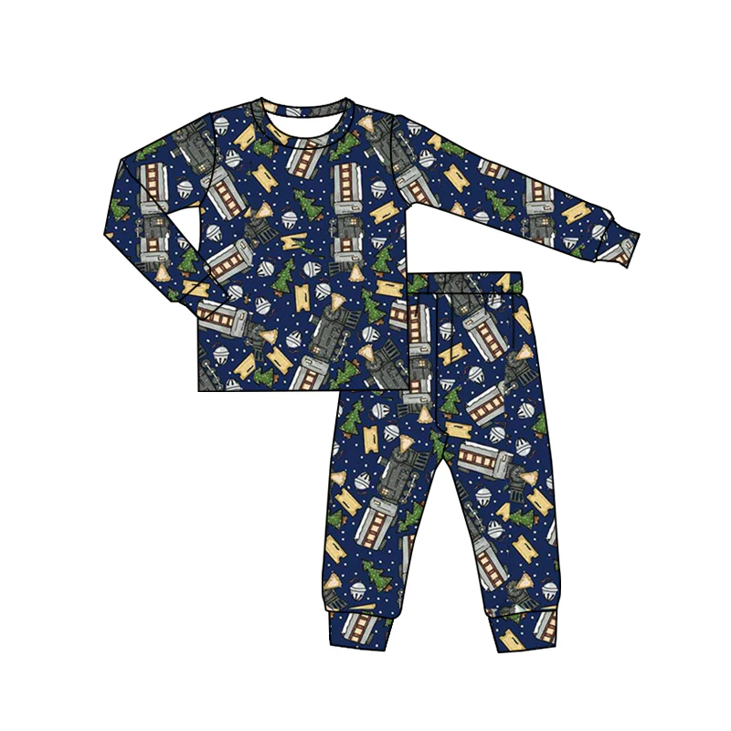 (Custom Design Preorder MOQ 5) Train Navy Print Pants Kids Christmas Pajamas Clothes Set