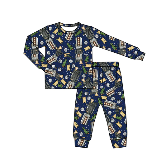 (Custom Design Preorder MOQ 5) Train Navy Print Pants Kids Christmas Pajamas Clothes Set