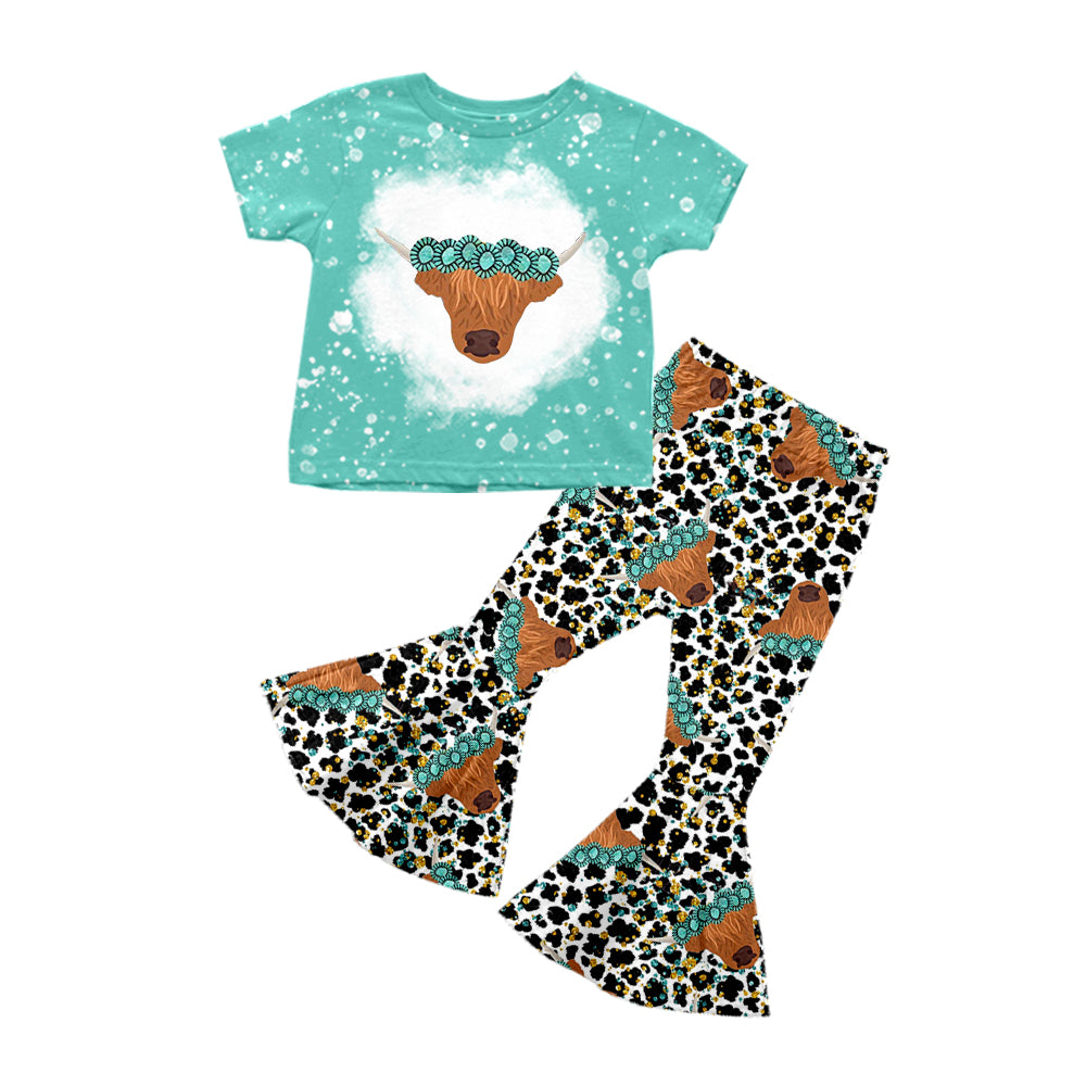 (Custom Design Preorder MOQ 5) Highland Cow Turquoise Leopard Bell Pants Girls Western Clothes Set