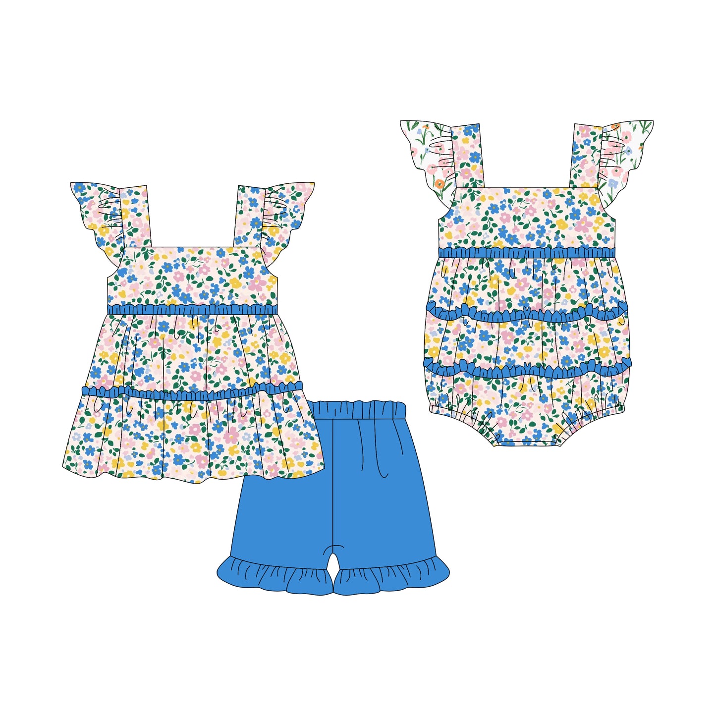 3.7(Custom Design Preorder MOQ 5 Each Design) Small Flowers Blue Print Girls Summer Matching Clothes Sisters Wear