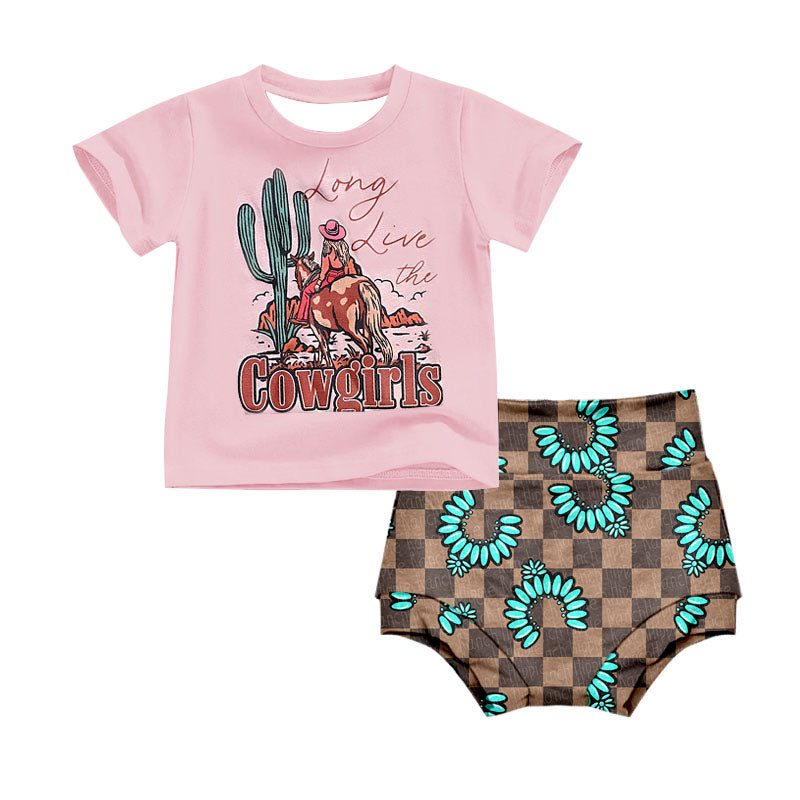 (Custom Design Preorder MOQ 5) Long Live The Cowgirls Top Turquoise Shorts Baby Girls Summer Bummie Set
