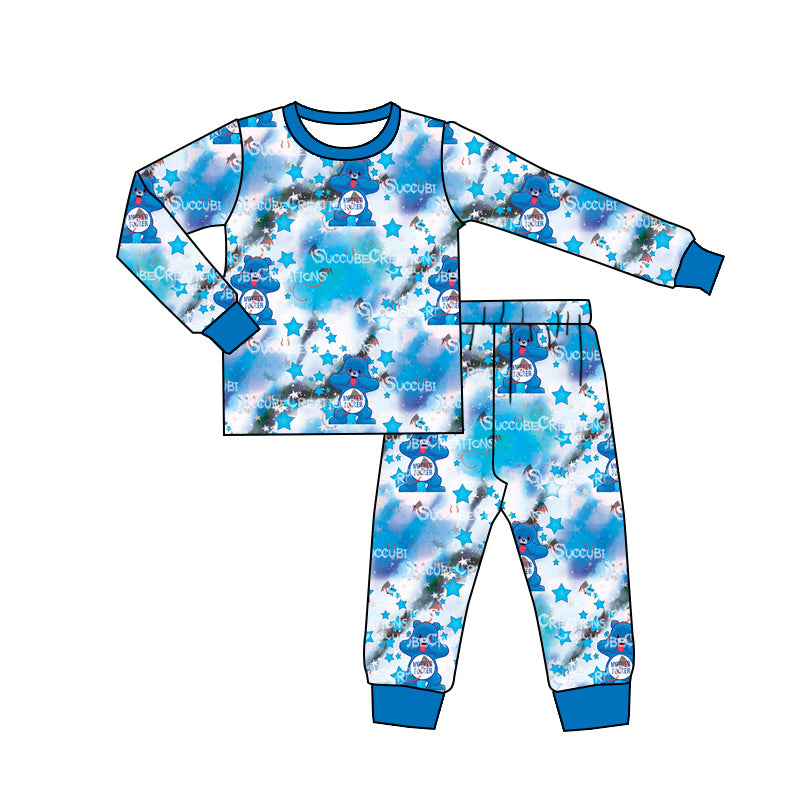 (Custom Design Preorder MOQ 20) Cartoon Bear Blue Print Kids Fall Pajamas Bamboo Clothes Set
