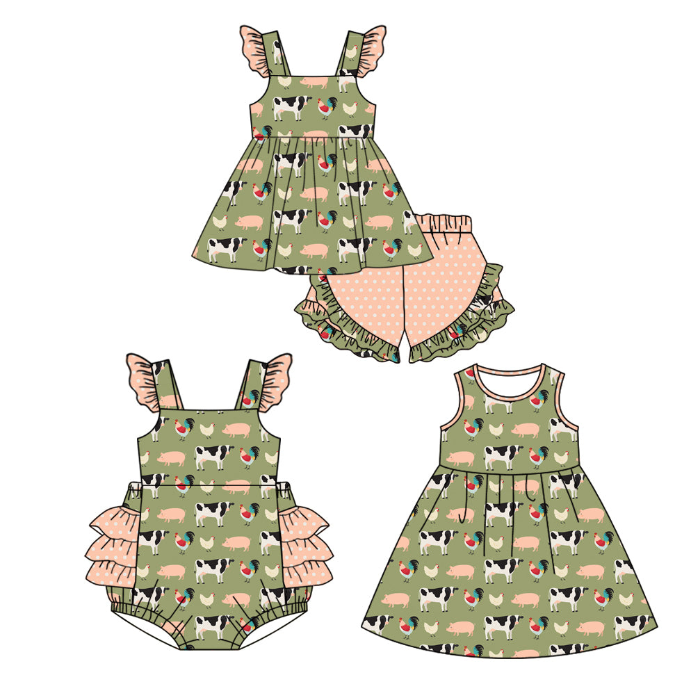 12.11(Custom Design Preorder MOQ 5 Each Design) Farm Animals Print Girls Summer Matching Clothes Sisters Wear