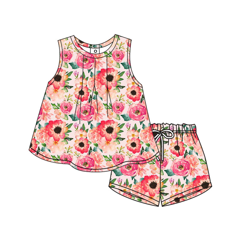 12.9(Custom Design Preorder MOQ 5) Flowers Sleeveless Top Shorts Girls Summer Clothes Set