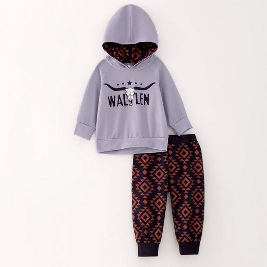 (Custom Design Preorder MOQ 5) WALLEN Grey Hoodie Top Aztec Pants Boys Western Clothes Set