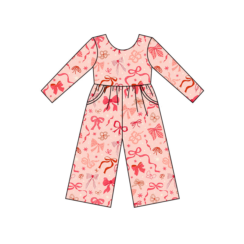 (Custom Design Preorder MOQ 5) Bows Print Girls Pockets Jumpsuits