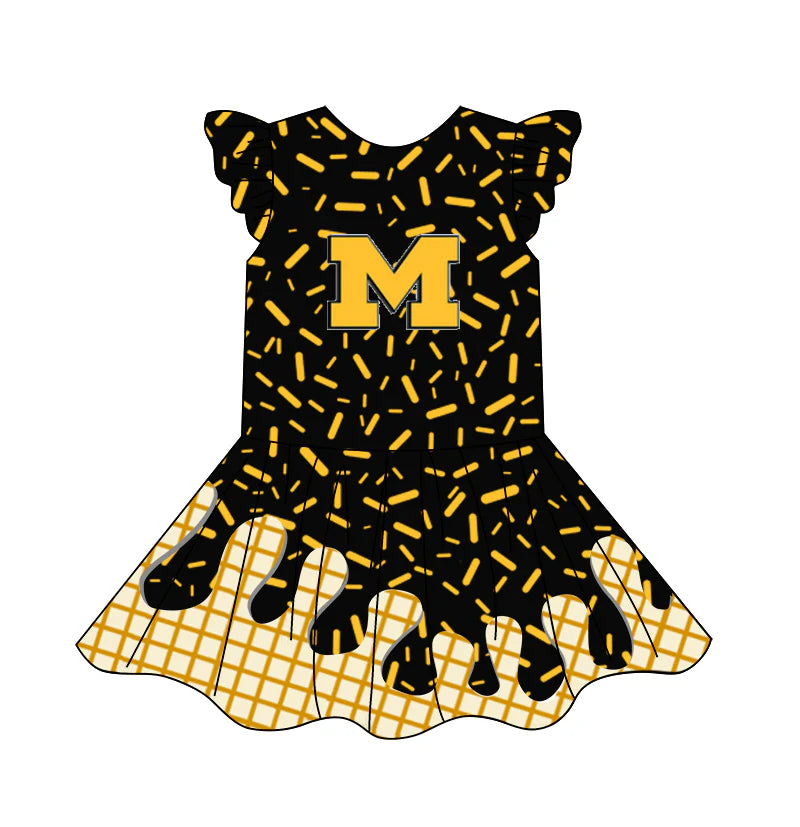 (Custom Design Preorder MOQ 5) Team's M Black Sprinkles Print Girls Summer Knee Length Dress