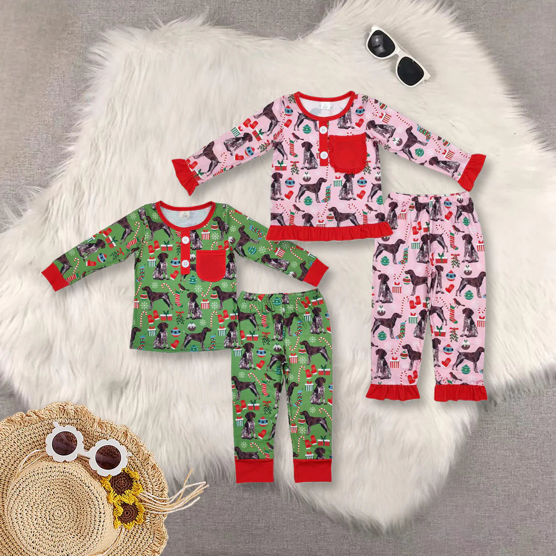 Dog Candy Cane Print Pocket Sibling Christmas Bamboo Pajamas Clothes Set