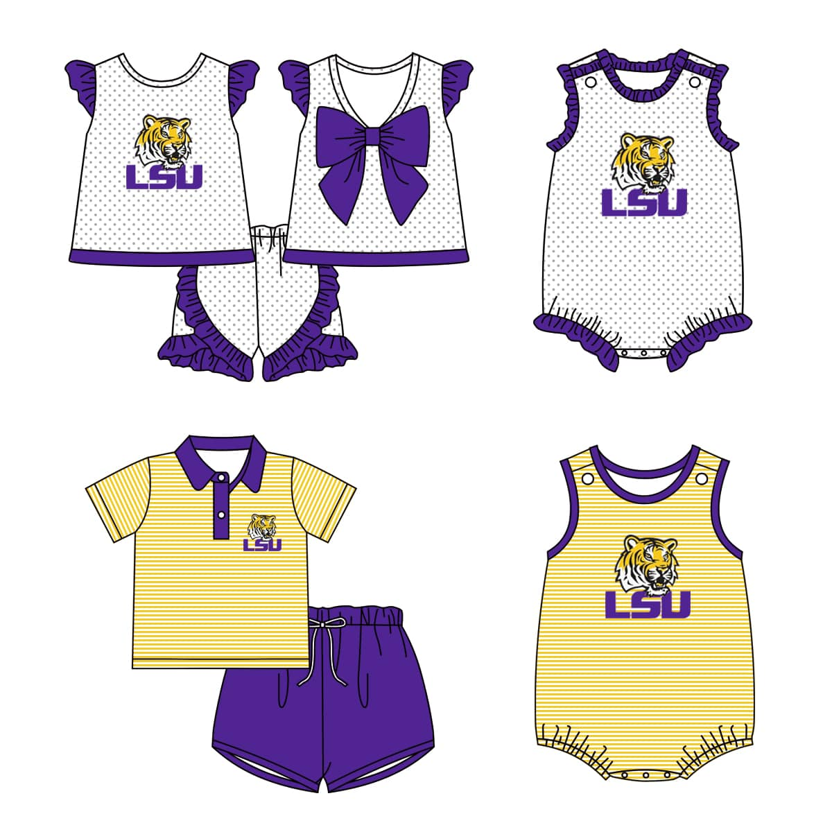 (Custom Design Preorder MOQ 5) Team's LSU Tigers Print Kids Summer Matching Clothes Sibling Wear