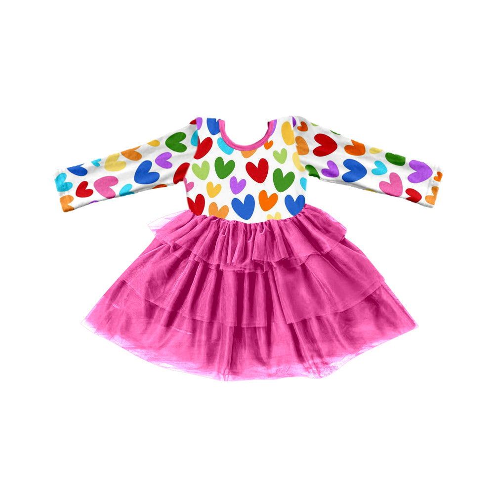 (Custom Design Preorder MOQ 5) Colorful Heart Print Girls Valentine's Knee Length Tulle Dress