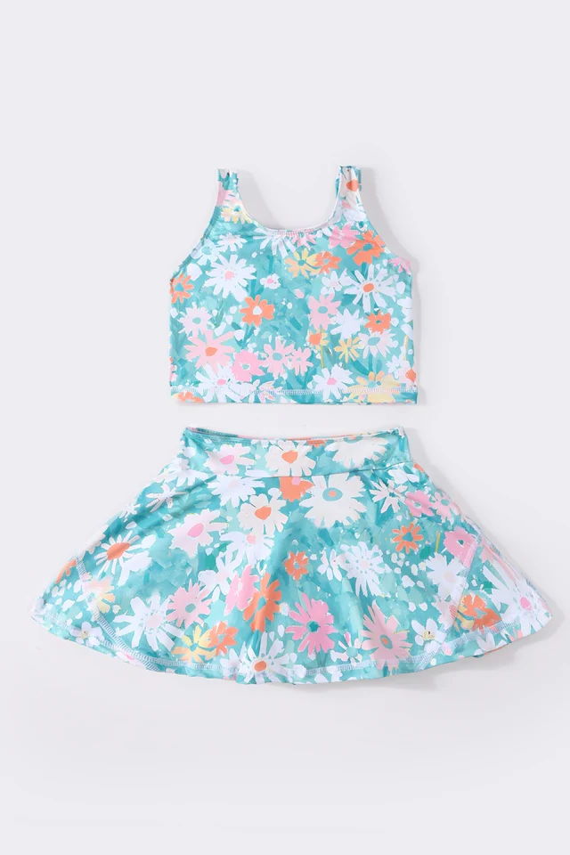 (Custom Design Preorder MOQ 5) Flowers Blue Print Skirts Girls Summer Clothes Set