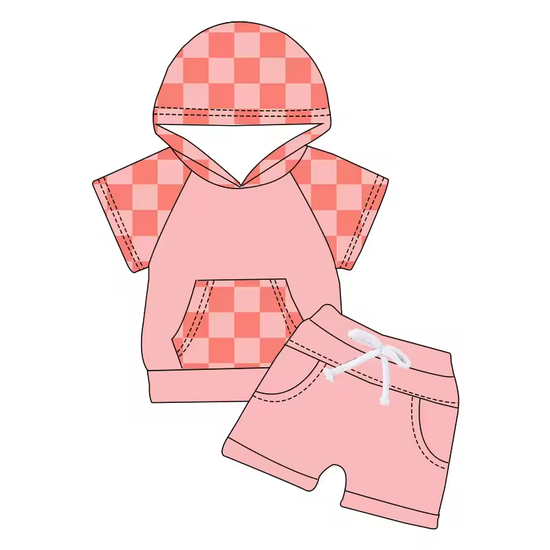 (Custom Design Preorder MOQ 5) Plaid Hoodie Top Pink Shorts Kids Summer Clothes Set