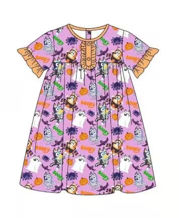 (Custom Design Preorder MOQ 5) Cartoon Dog Pumpkin Print Girls Knee Length Halloween Dress