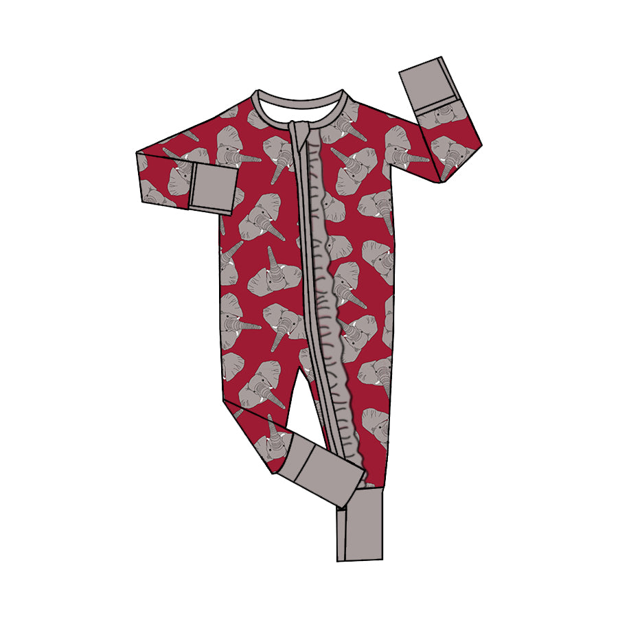 (Custom Design Preorder MOQ 20)  Elephant Print Baby Girls Bamboo Fall Sleeper Zipper Romper