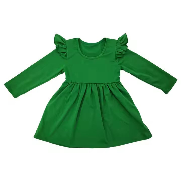 (Custom Design Preorder MOQ 5) Green Color Girls Long Sleeve Knee Length Dress