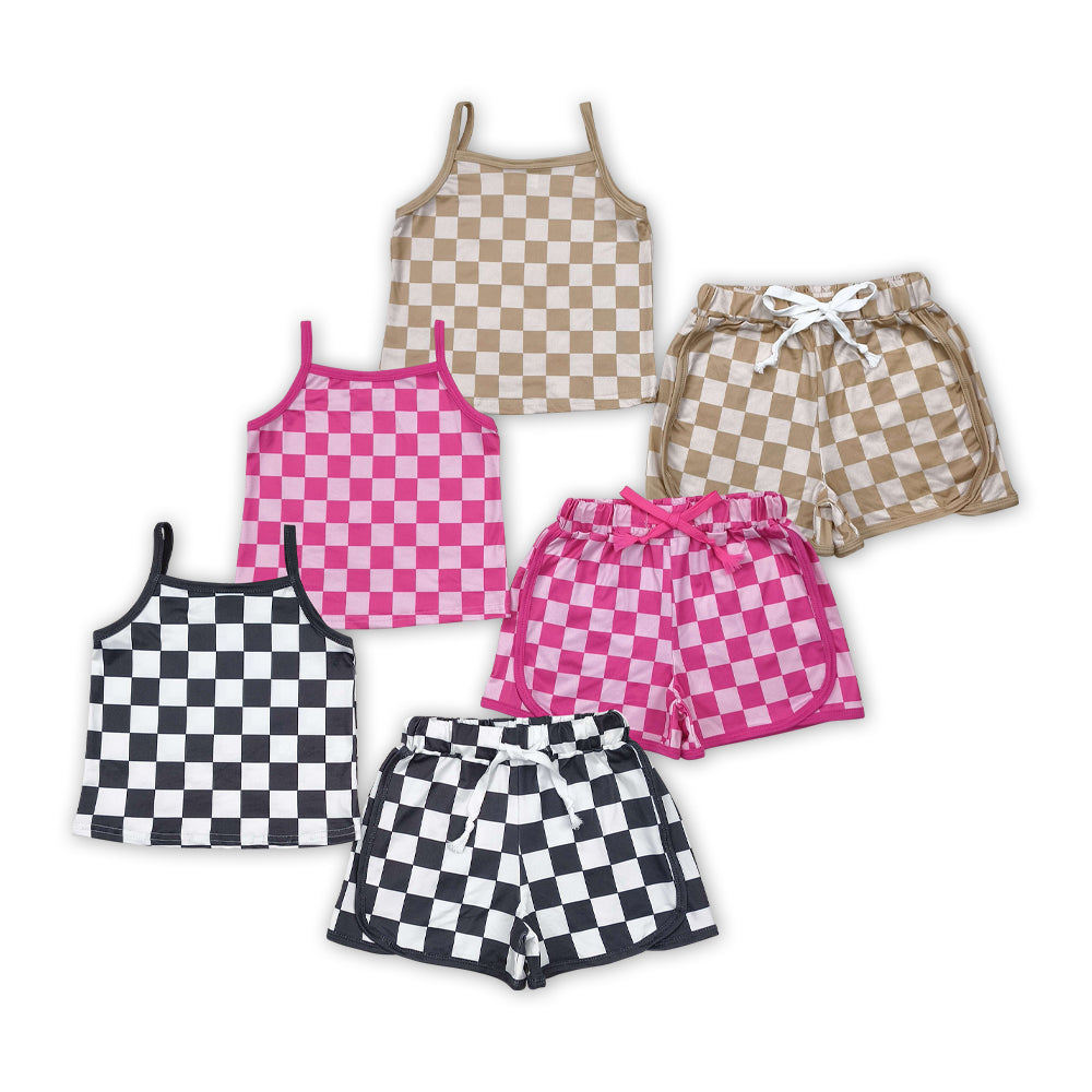 3 Colors Plaid Print Tank Top Shorts Girls Summer Clothes Set Sisters Wear