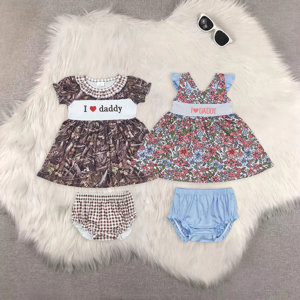 I LOVE DADDY Embroidery Baby Girls Summer Bummie Set Sisters Wear