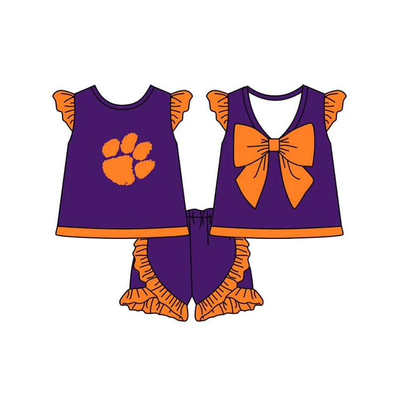 (Custom Design Preorder MOQ 5) Team's Clemson Paw Purple Print Girls Summer Clothes Set