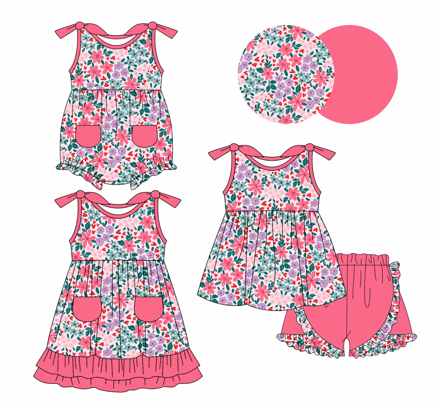 1.6(Custom Design Preorder MOQ 5 Each Design) Hot Pink Flowers Print Girls Summer Matching Clothes Sisters Wear