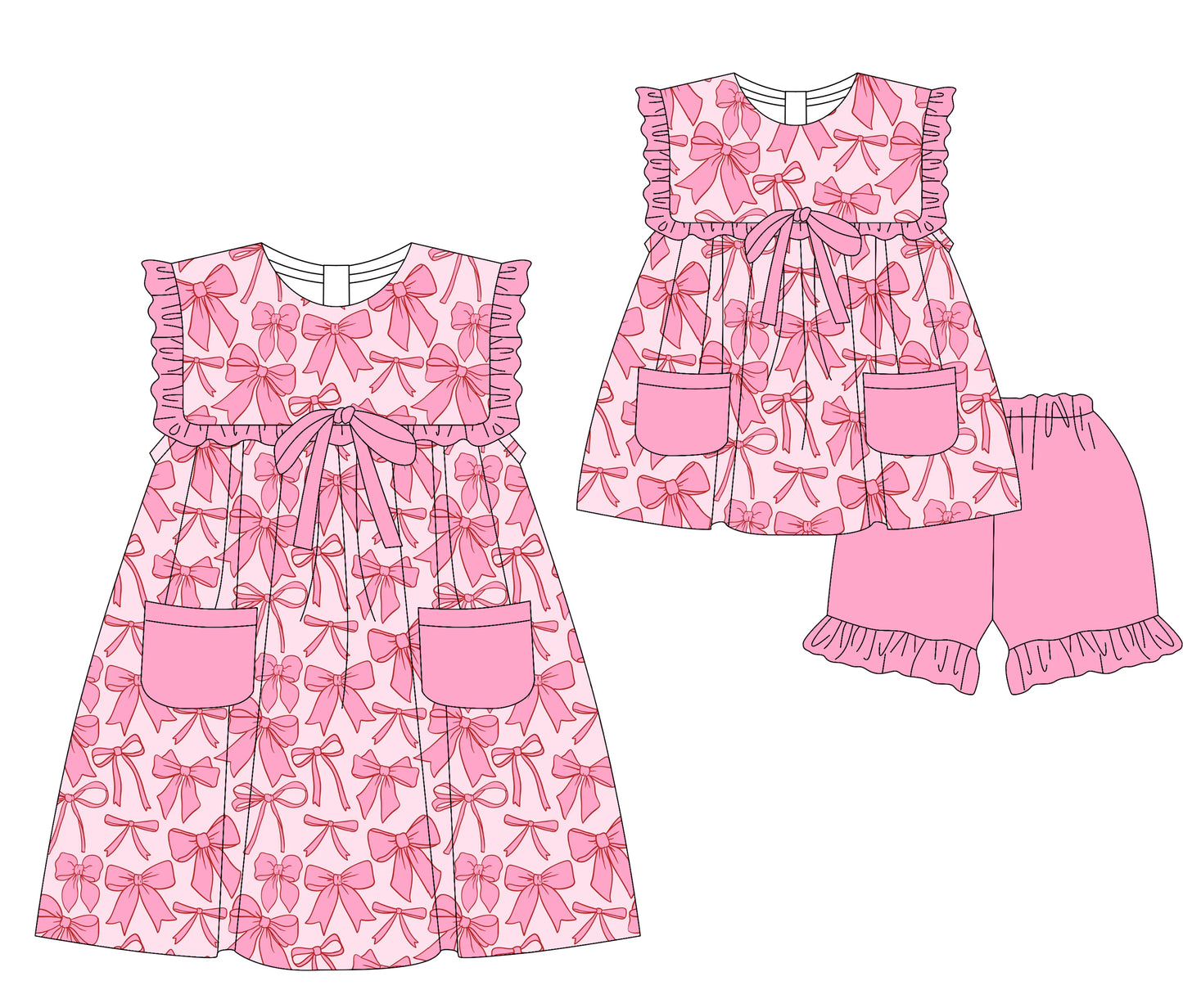3.5(Custom Design Preorder MOQ 5 Each Design) Pink Bows Print Pockets Girls Summer Matching Clothes Sisters Wear