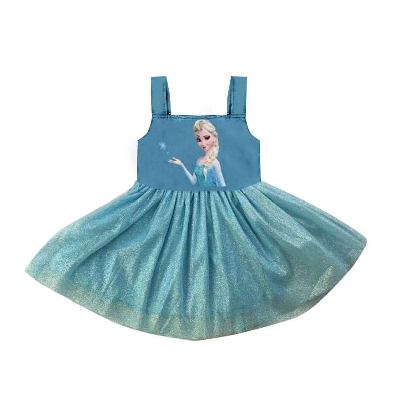 (Custom Design Preorder MOQ 5) Cartoon Princess Blue Print Girls Knee Length Summer Tulle Dress