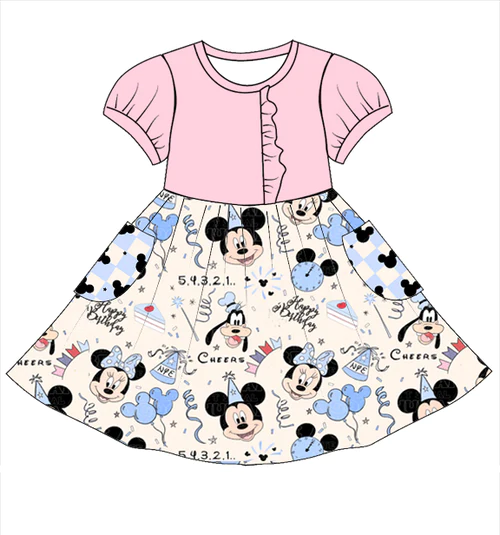 (Custom Design Preorder MOQ 5) Cartoon Mouse Print Brithday Girls Knee Length Summer Dress