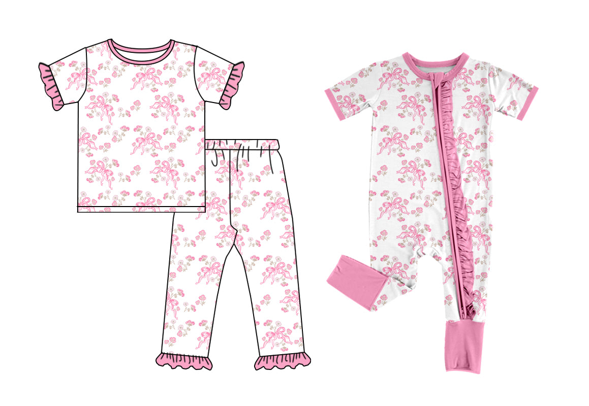 5.22(Custom Design Preorder MOQ 5 Each Design) Pink Small Flowers Bows Print Girls Pajamas Matching Clothes Sisters Wear
