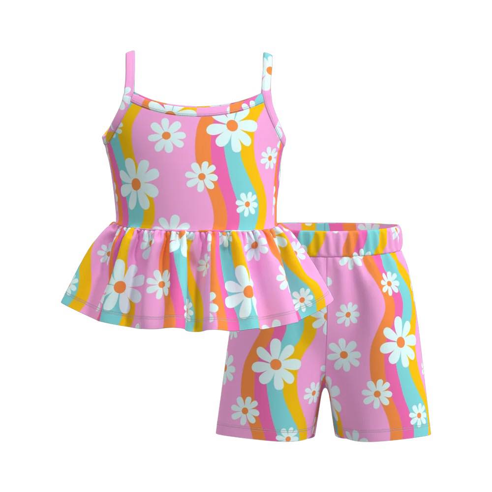(Custom Design Preorder MOQ 5) Colorful Flowers Print Shorts Girls Summer Clothes Set