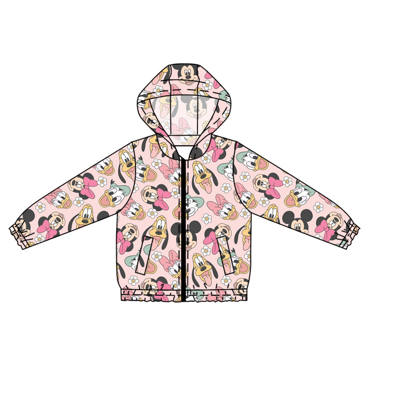 (Custom Design Preorder MOQ 5 ) Cartoon Mouse Flowers Print Girls Hoodie Zipper Pockets Jackets Top