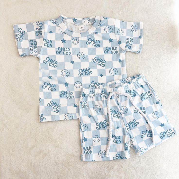 (Custom Design Preorder MOQ 5) CHILD OF GOOD Blue Plaid Shorts Boys Summer Clothes Set
