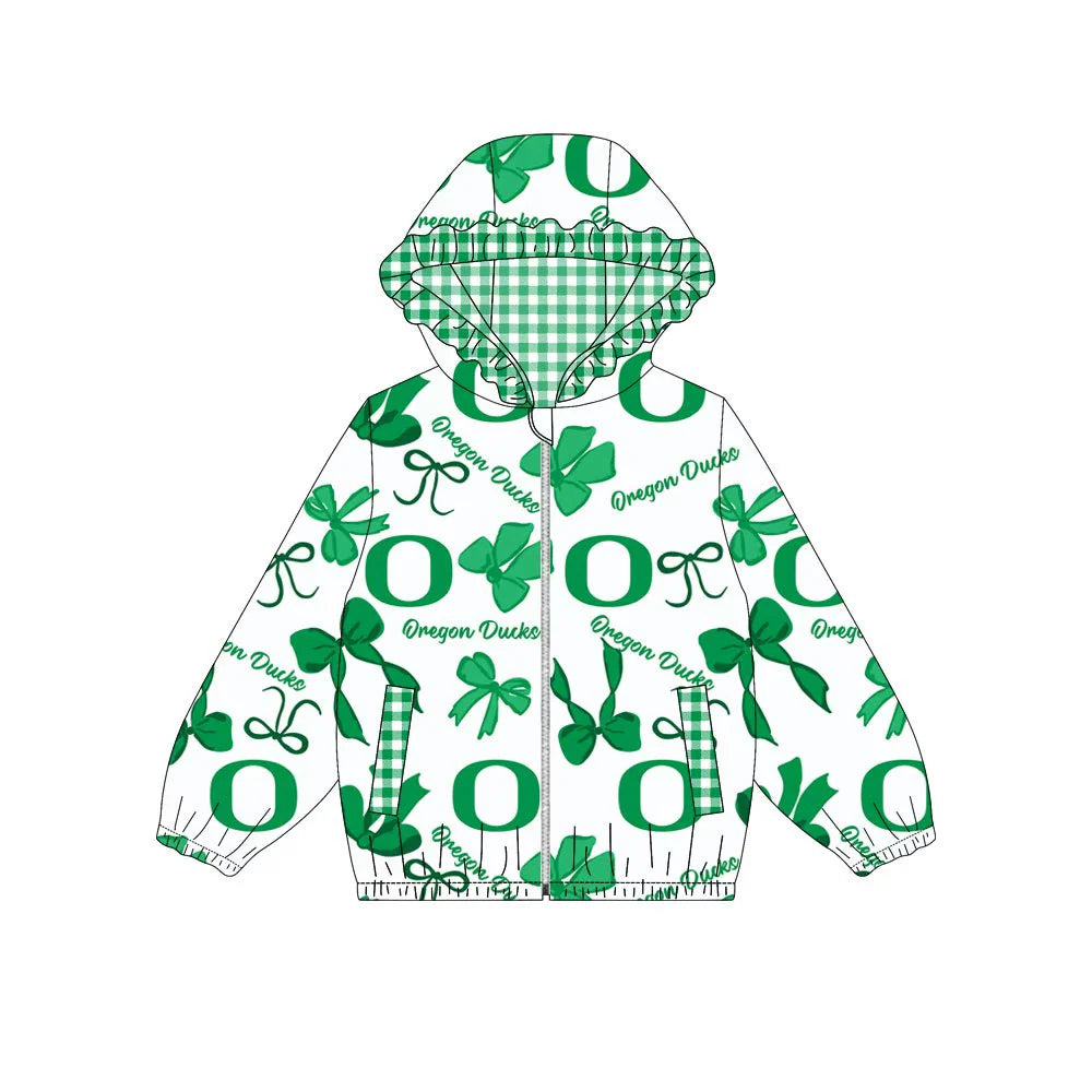 (Custom Design Preorder MOQ 5) Team's Oregon Ducks Bows Print Pockets Girls Long Sleeve Zipper Jackets Top