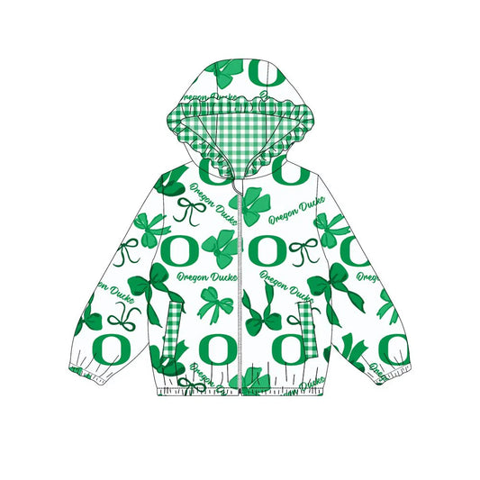 (Custom Design Preorder MOQ 5) Team's Oregon Ducks Bows Print Pockets Girls Long Sleeve Zipper Jackets Top
