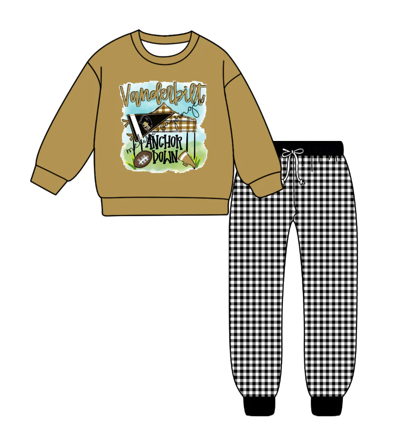 (Custom Design Preorder MOQ 5) Team's Vanderbilt Top Plaid Pants Boys Fall Clothes Set