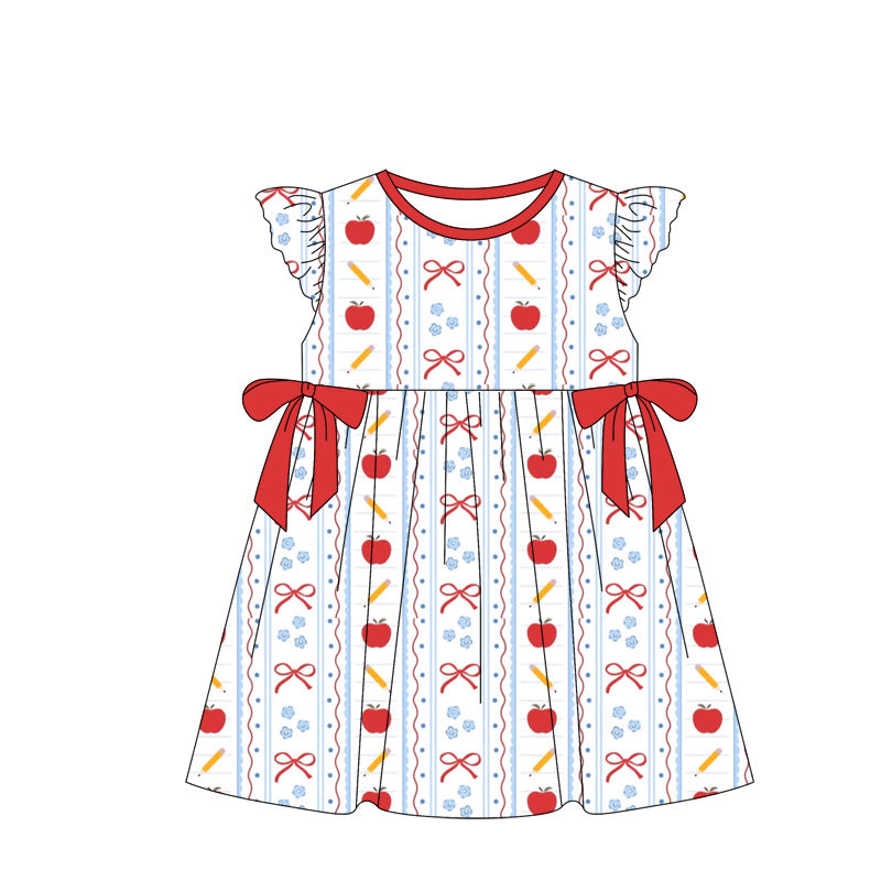 (Custom Design Preorder MOQ 5 Each Item) Apple Pen Bows Print Girls Back to School Knee Length Dress Sisters Wear