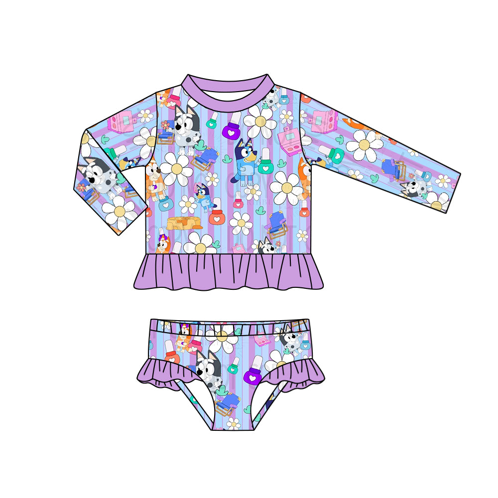 (Custom Design Preorder MOQ 5) Cartoon Dog Purple Flowers Print Girls 2 Pieces Long Sleeve Swimsuits