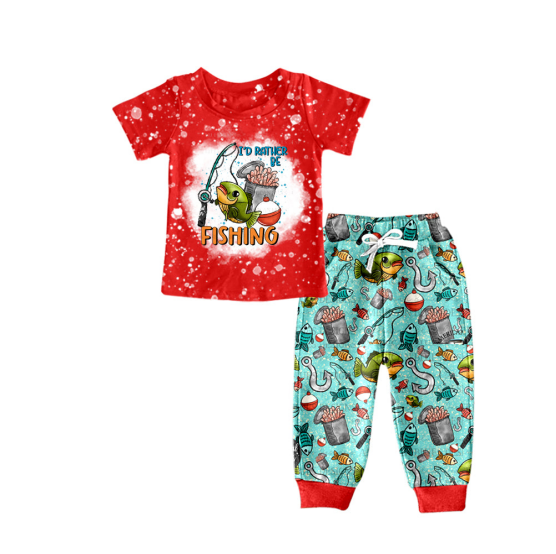 (Custom Design Preorder MOQ 5) Fishing Red Top Blue Pants Boys Clothes Set