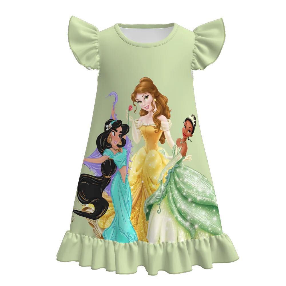 (Custom Design Preorder MOQ 5) Cartoon Princess Green Print Girls Summer Knee Length Dress