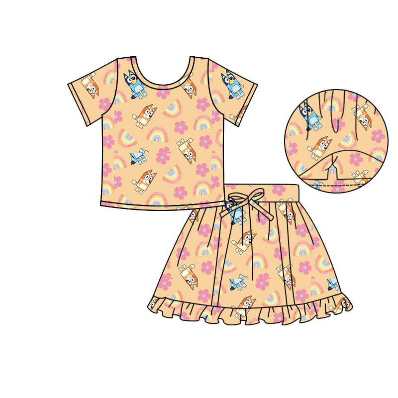 (Custom Design Preorder MOQ 5) Cartoon Dog Flowers Rainbow Top Skirts Shorts Girls Summer Clothes Set
