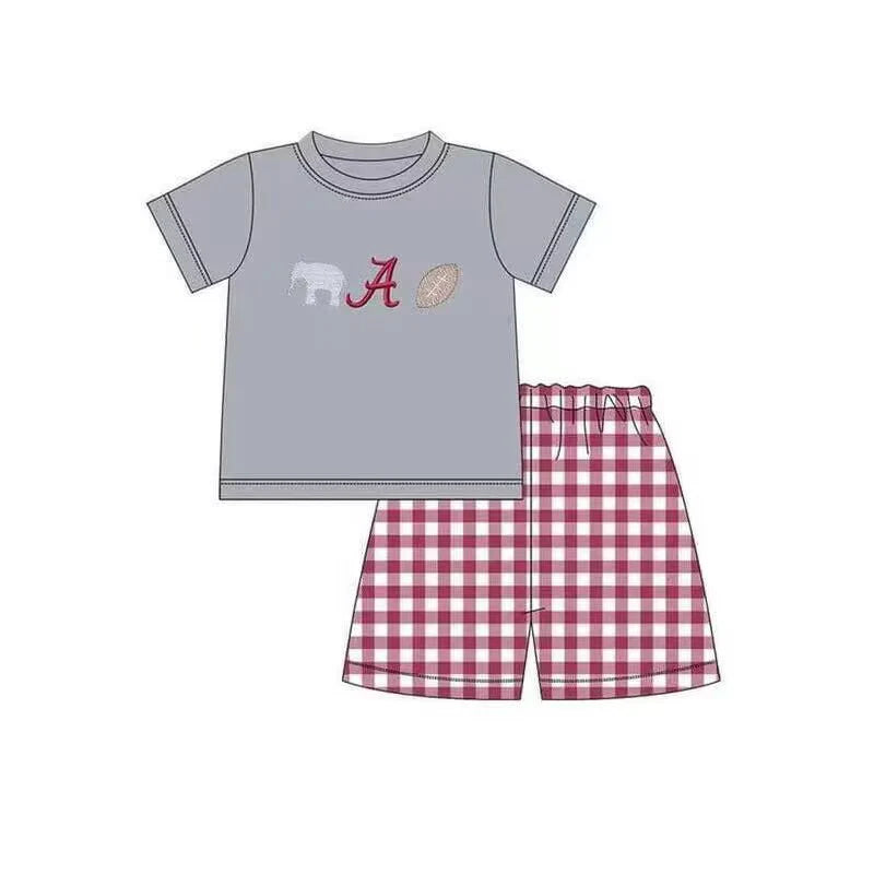 (Custom Design Preorder MOQ 5) Alabama Football Team's Grey Top Plaid Shorts Boys Summer Clothes Set