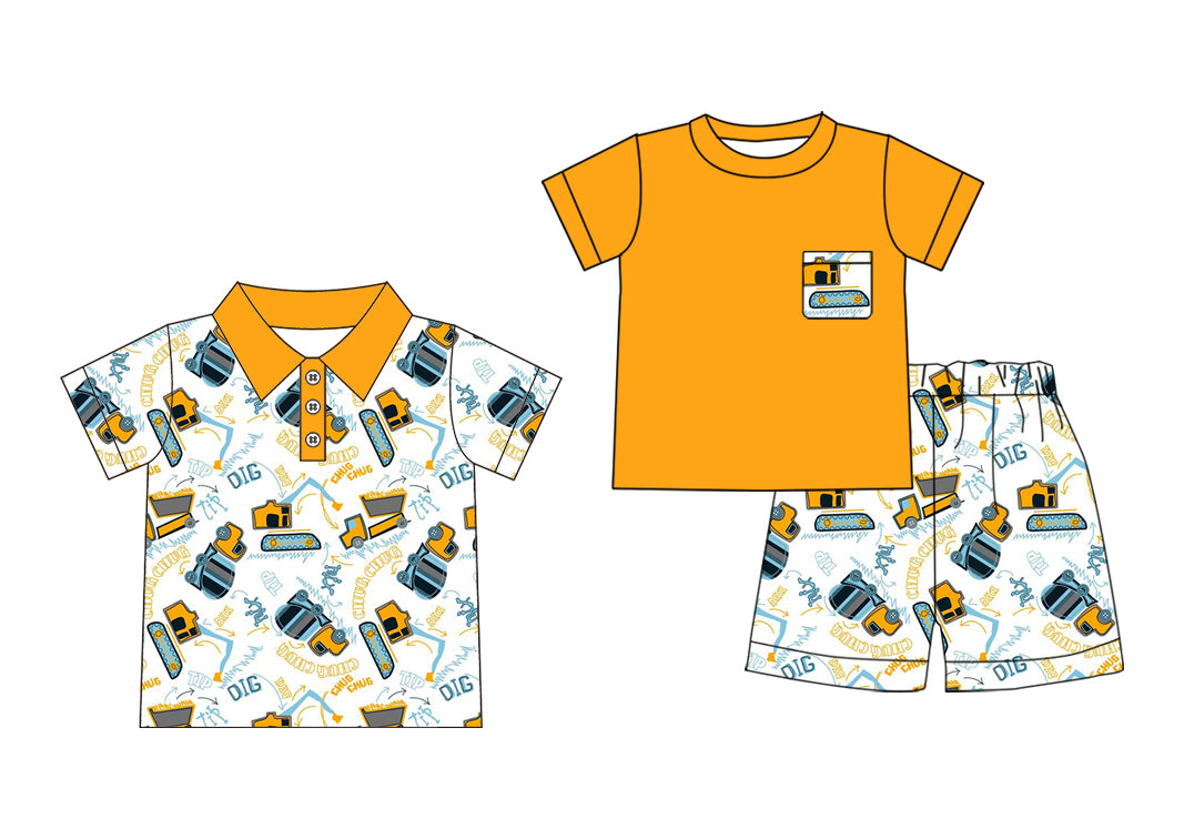 3.31(Custom Design Preorder MOQ 5 Each Design) Construction Trucks Print Boys Summer Matching Clothes Brothers Wear