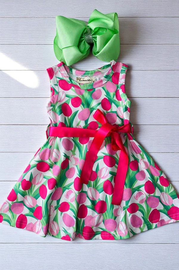 (Custom Design Preorder MOQ 5) Flowers Print Girls Summer Knee Length Dress