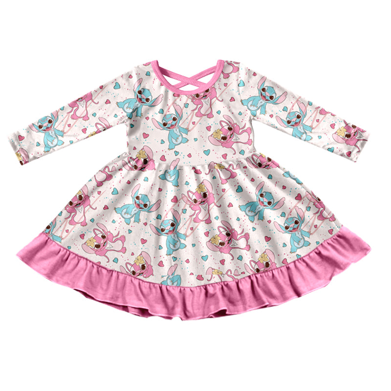 (Custom Design Preorder MOQ 5) Pink Cartoon Animal Print Girls Valentine's Knee Length Dress