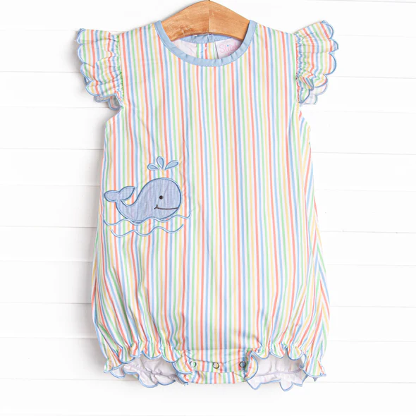 (Custom Design Preorder MOQ 5) Whale Colorful Stripes Print Baby Girls Summer Bubble Romper