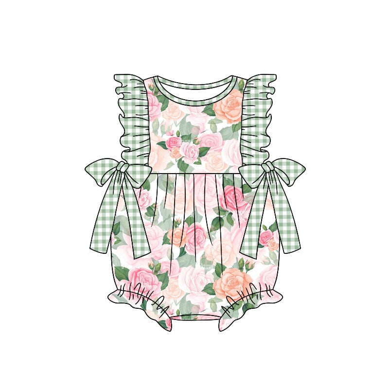 (Custom Design Preorder MOQ 5) Green Flowers Print Baby Girls Summer Romper