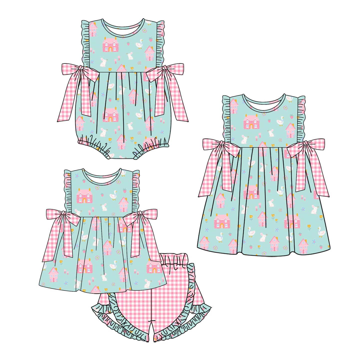 11.29(Custom Design Preorder MOQ 5 Each Design) Bunny House Print Girls Easter Matching Clothes Sisters Wear