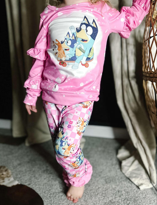 GLP2088  Cartoon Dog Pink Ruffle Top Icing Pants Girls Clothes Set