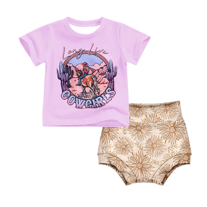 (Custom Design Preorder MOQ 5) Long Live Cowgirls Pink Print Baby Girls Summer Bummie Set