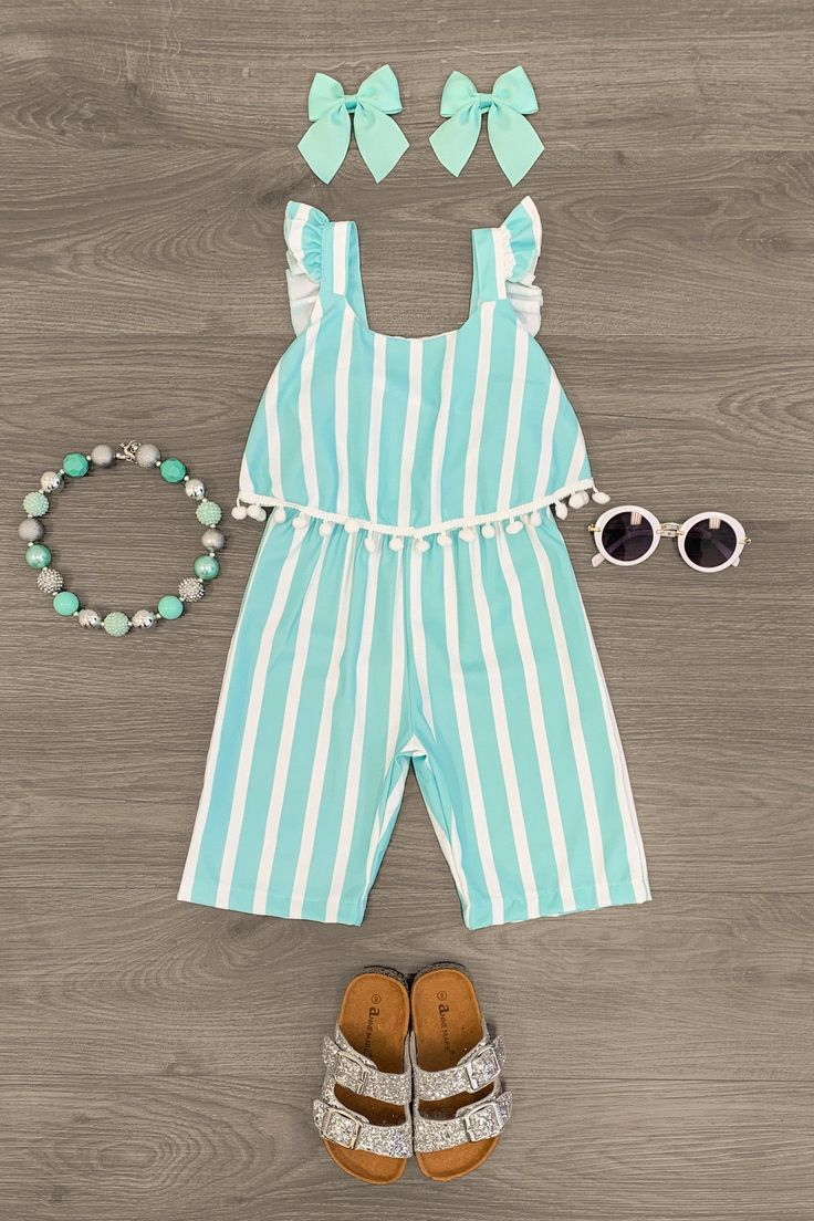 (Custom Design Preorder MOQ 5) Aqua Stripes Print Girls Summer Clothes Set