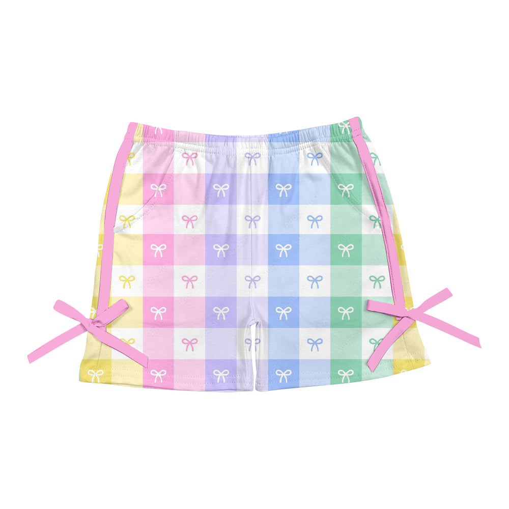 3.29(Custom Design Preorder MOQ 5) Colorful Plaid Bows Print Girls Summer Bottom Shorts