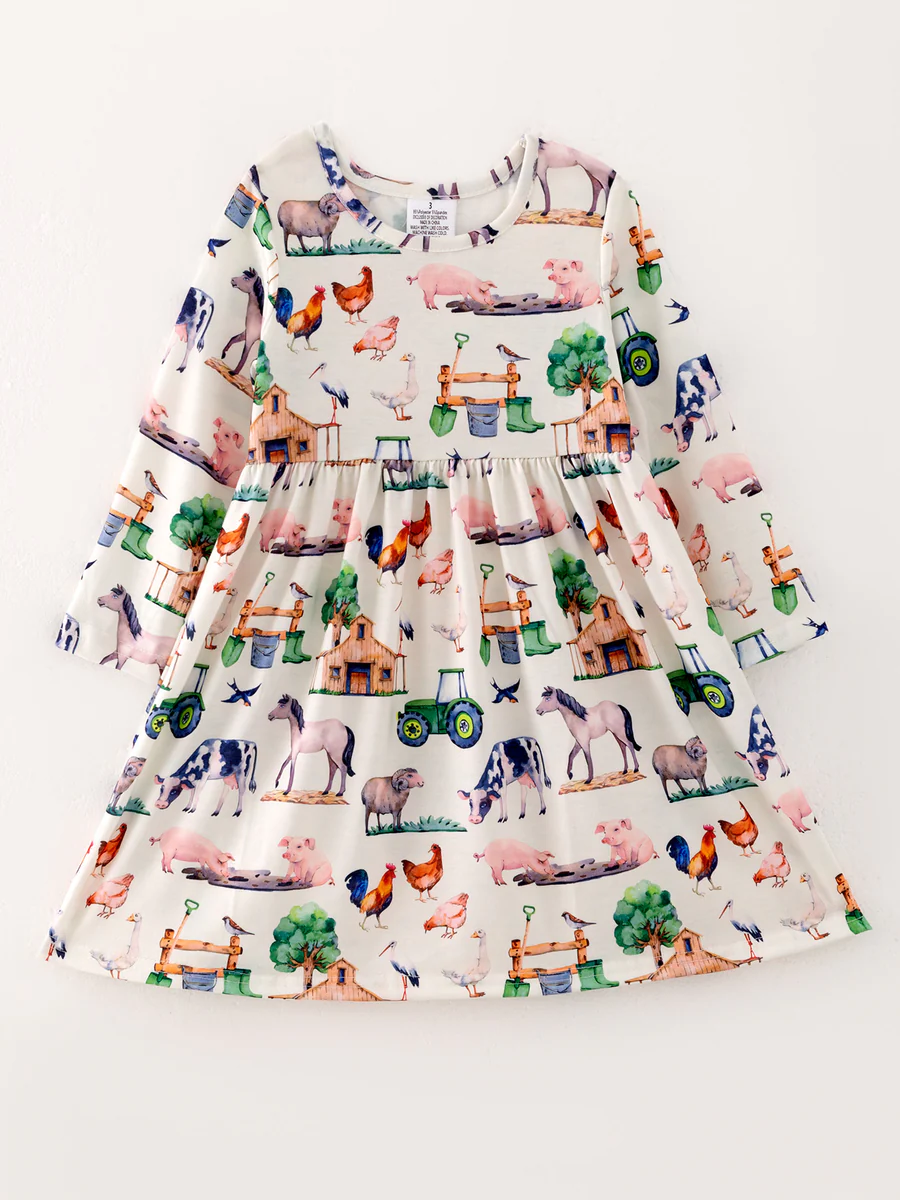 (Custom Design Preorder MOQ 5) Farm Animals Print Girls Knee Length Dress